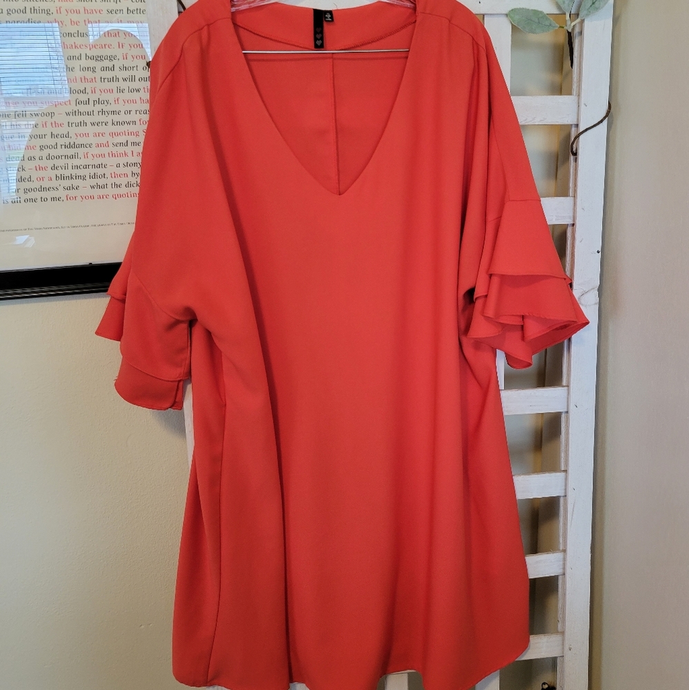 Orange V Neck Flamenco Sleeve Mini Dress